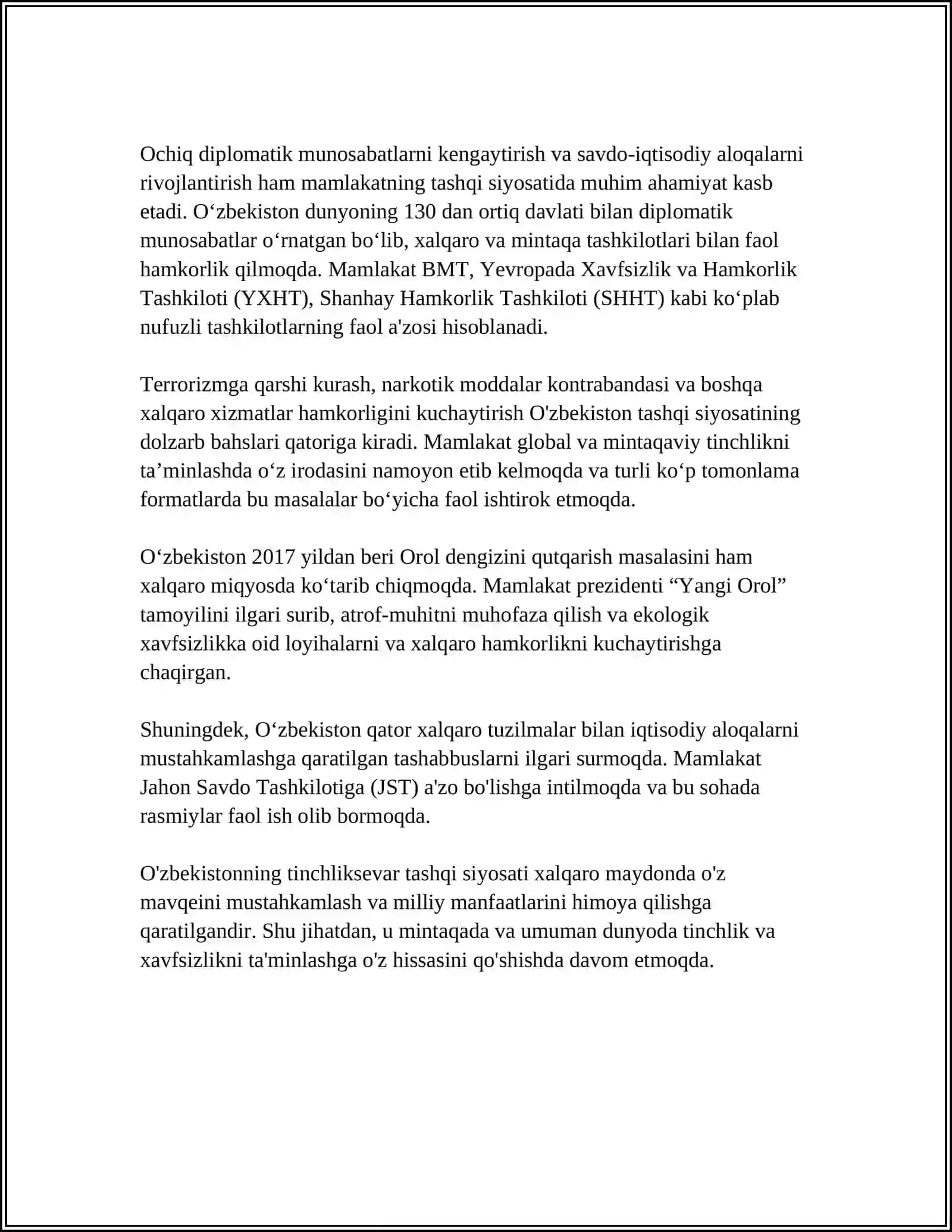 Oʻzbekistonning Tinchlik Sevar Tashqi Siyosati va Uning Jaxon Hamjiyati Tan Olinishi 4