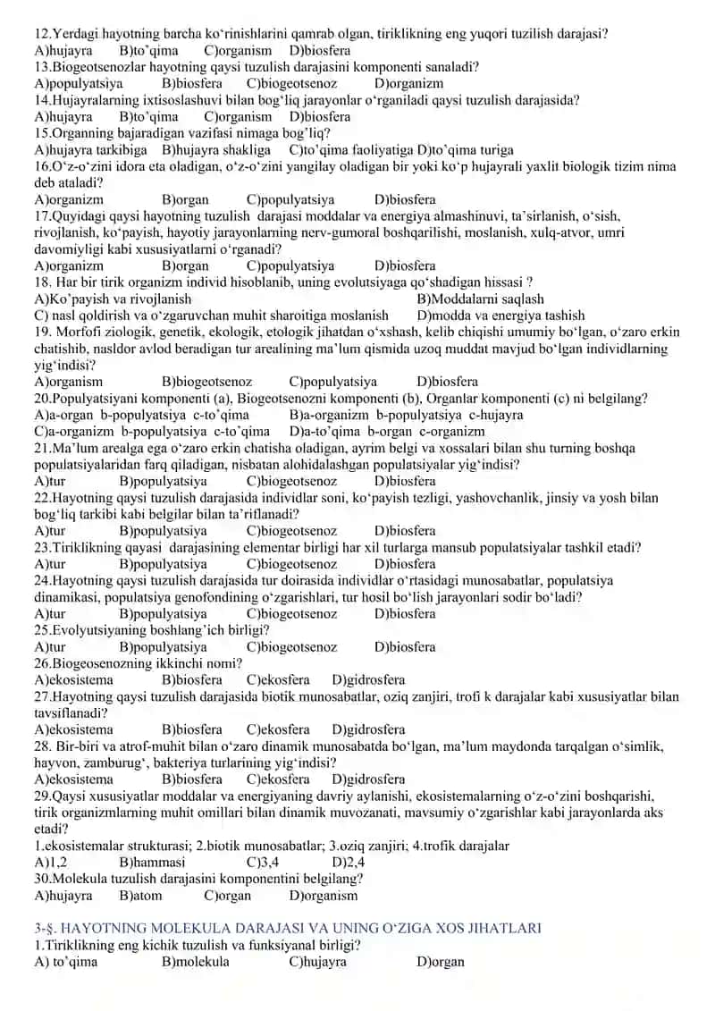 10-sinf biologiadan mavzulashtirilgan test 4