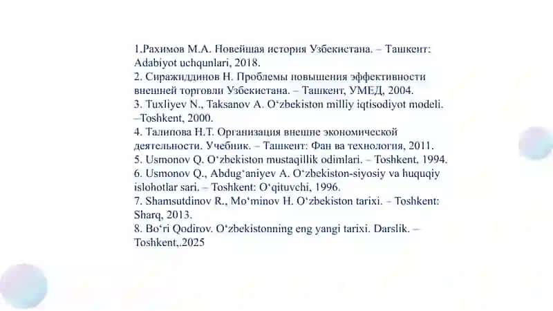 Iqtisodiy islohotlar, xususiy mulkchilikning shakllanishi. O‘zbekistonda bozor munosabatlarining rivojlanishi 4