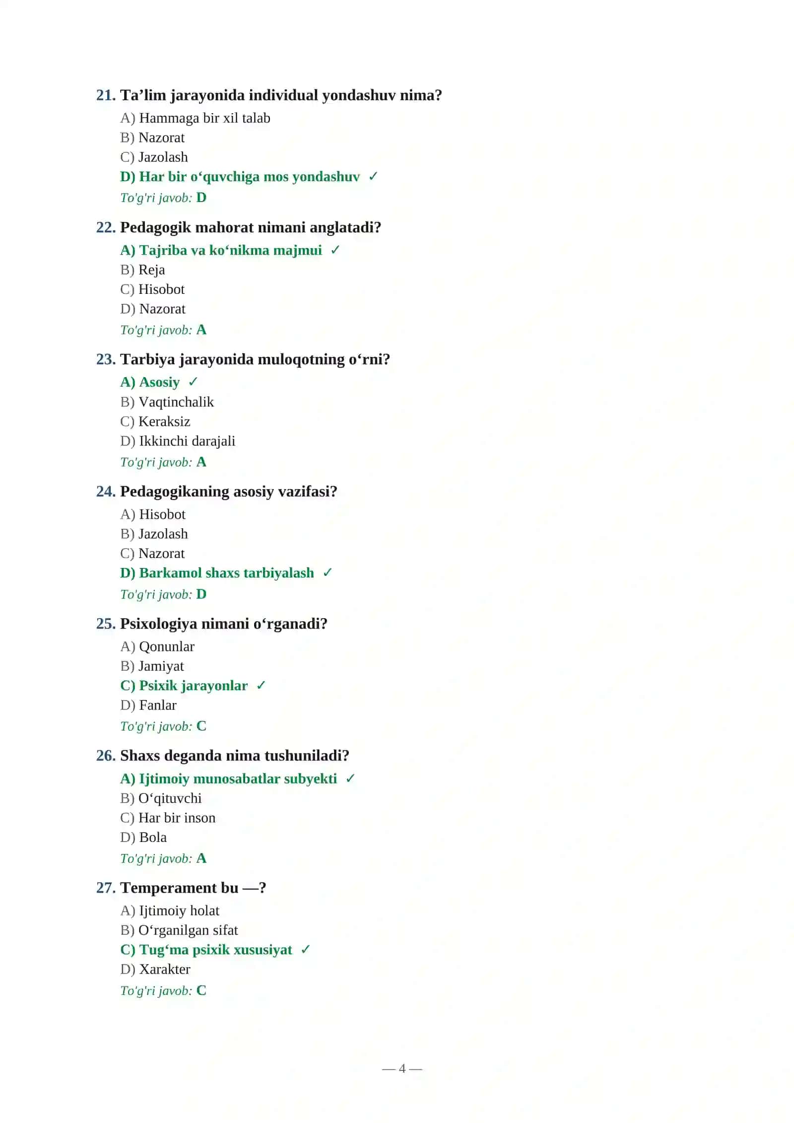 Maktab maslahatchisi test javoblar 4