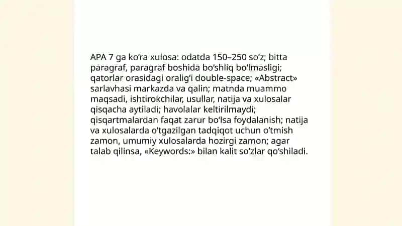 Amerika psixologlar assotsatsiyasining talablariga ko’ra qo’lyozmalarda rasmlarga taglavhalar xulosalar qo’shimchalar jadvallar va rasmlarni rasmiylashtirish 4