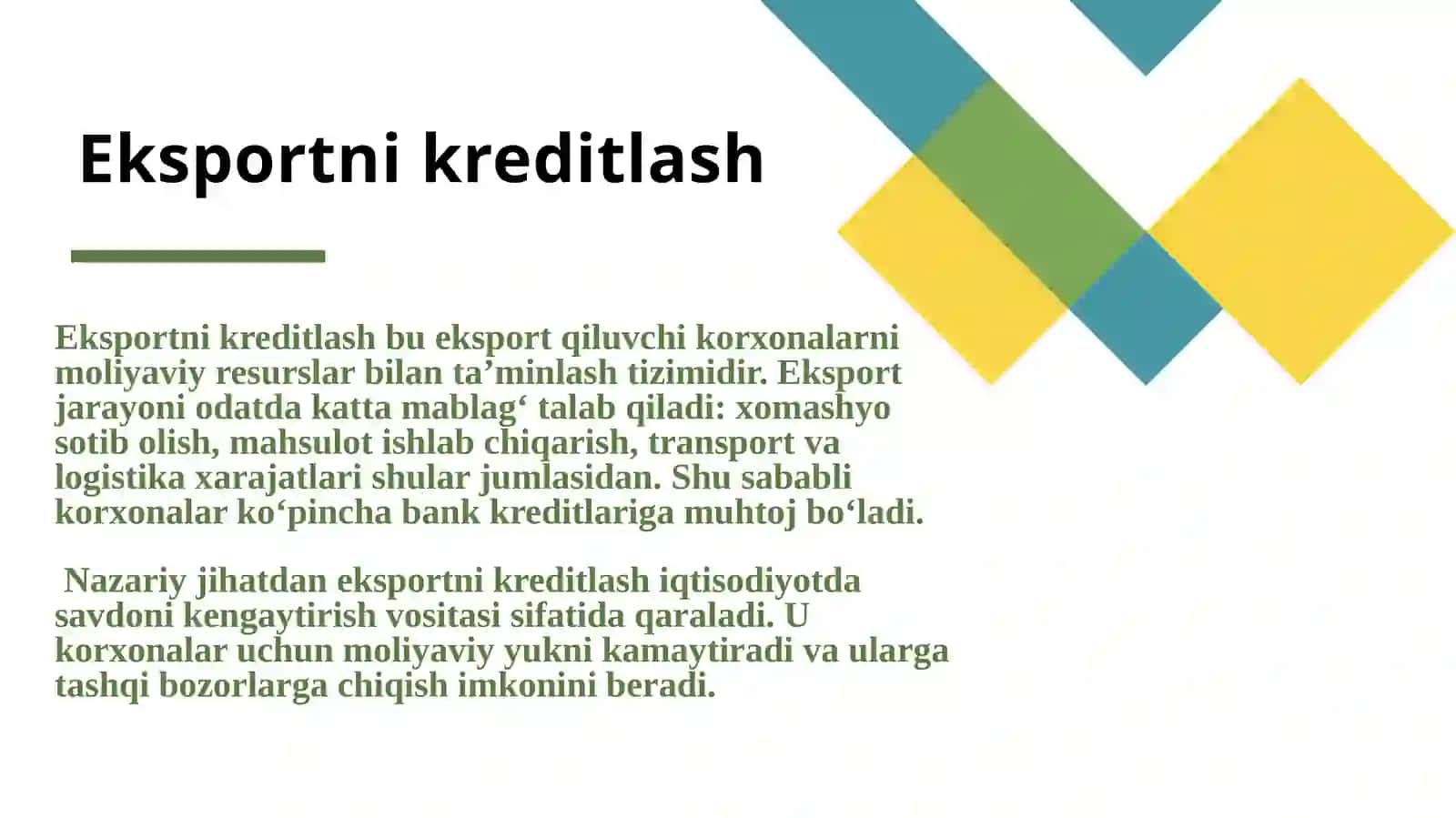 Eksport faoliyatini kreditlash yollarini kengaytirish orqali mamlakat eksport faoliyatini takomillashtirish 4