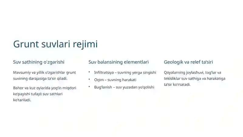 Yer osti suvlari va ularni shakllanishi. Grunt suvlarining rejimi va ularni gidrogeologik xarita va kesmalarda ko'rsatish 4