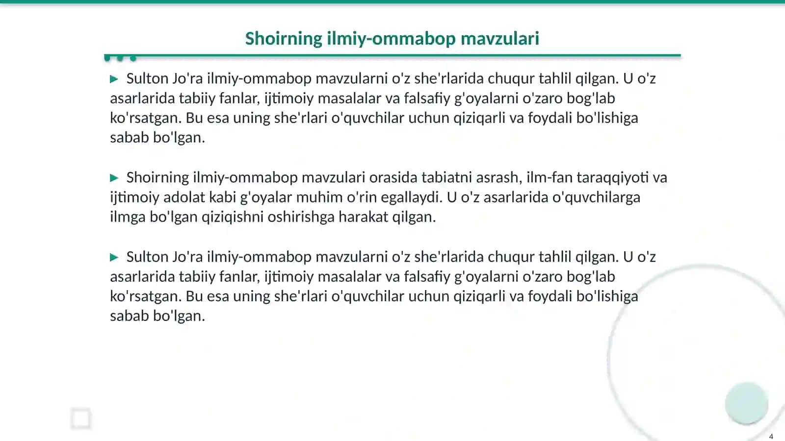 Sulton Jo'raning hayoti va ijodi. Shoirning ilmiy-ommabop mavzulardagi she'rlarida ifodalangan g'oyalar 4