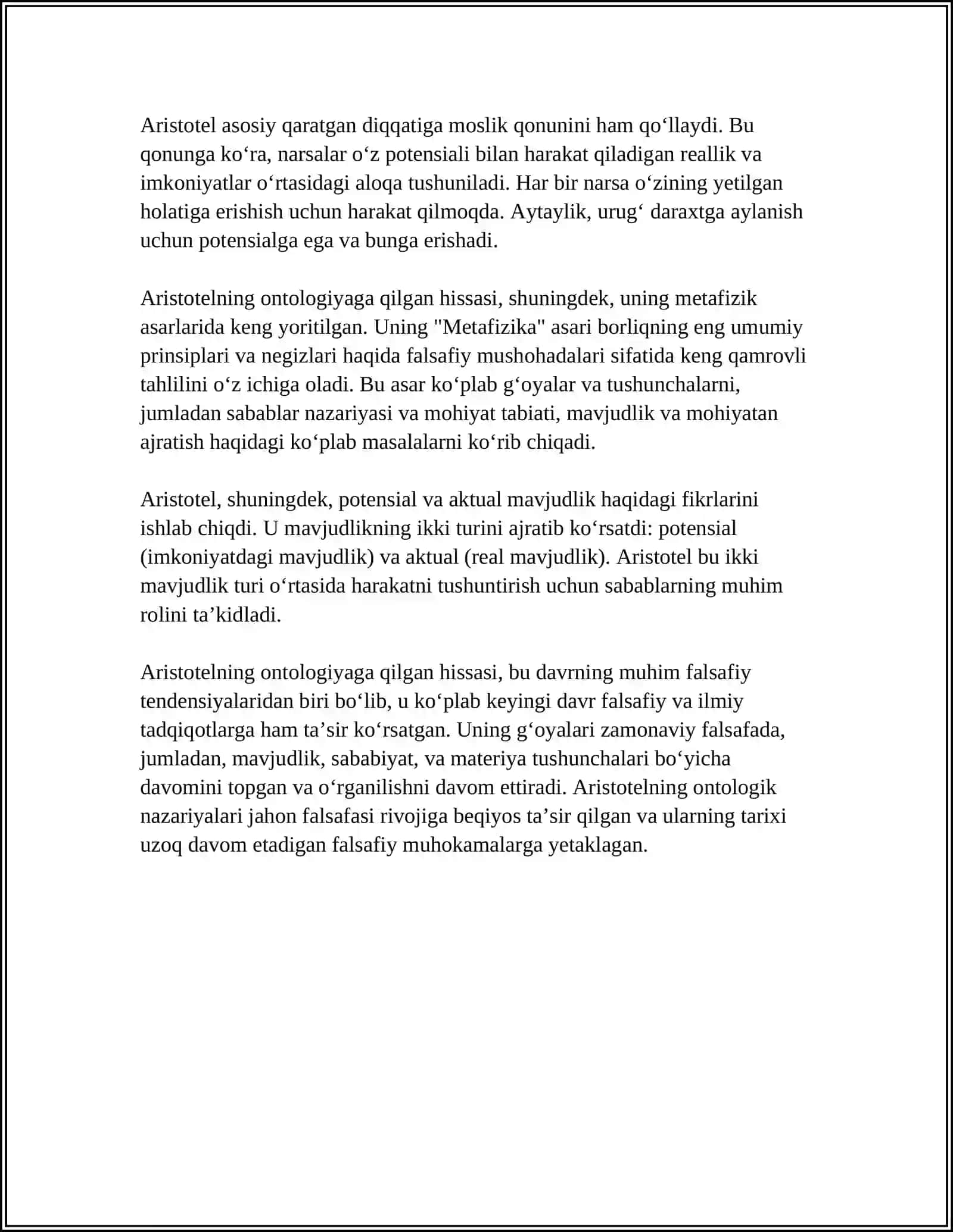 ARESTOTEL VA FAROBIYNING ONTOLOGIK KATEGORIYA TASNIFI 4