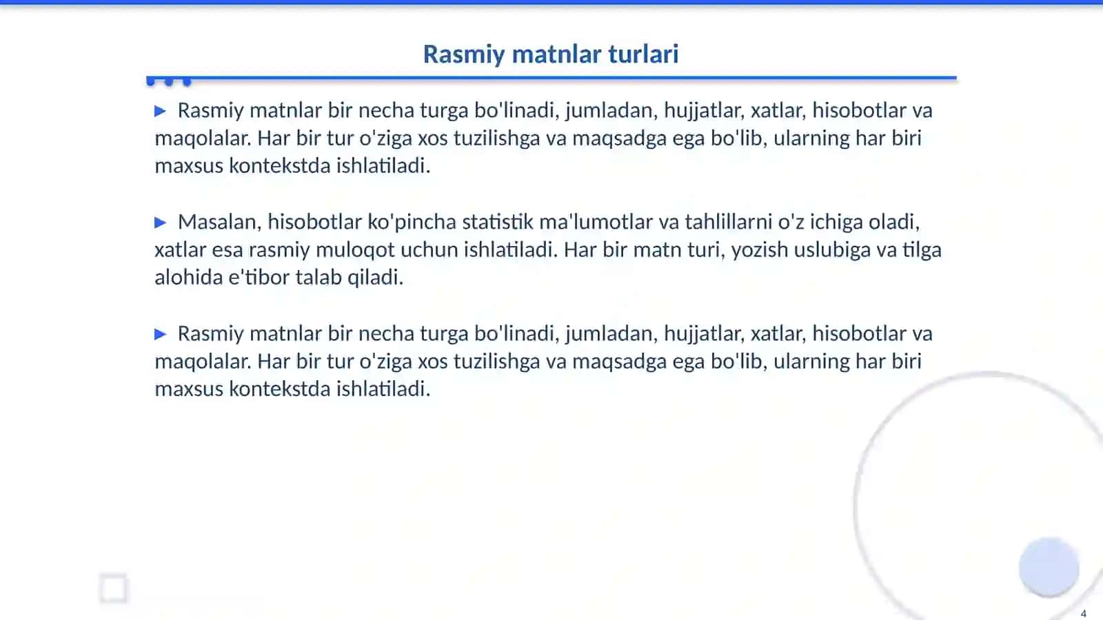 Rasmiy uslubga oid matnlar bilan ishlash 4