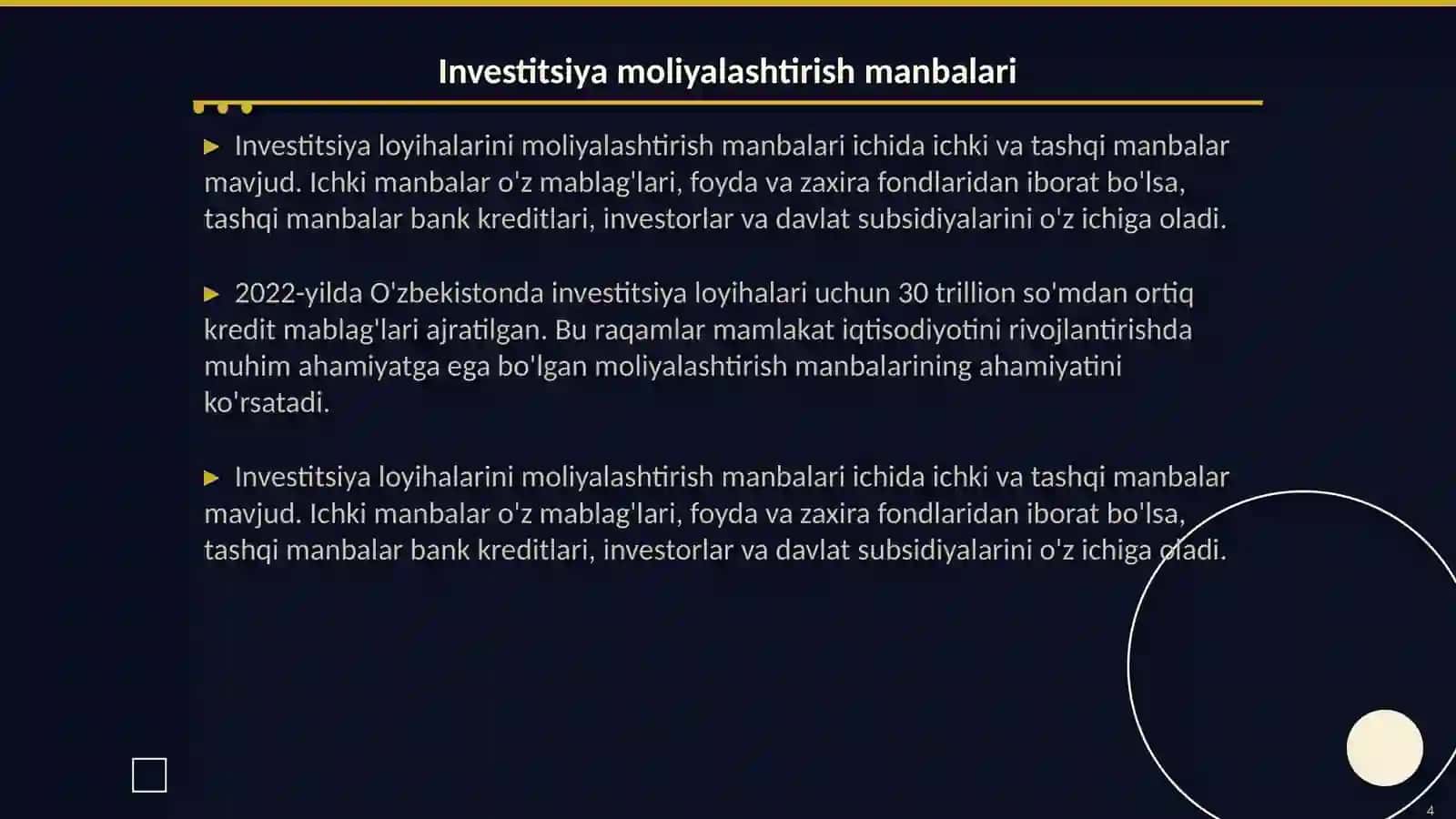 Investitsiya loyihalarini moliyalashtirishning mazmuni va mohiyati 4