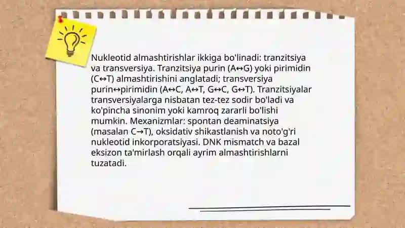 Gen yoki nuqtali mutatsiyalar. Mutatsiya va DNK reparatsiyasining molekulyar mexanizmlari 4