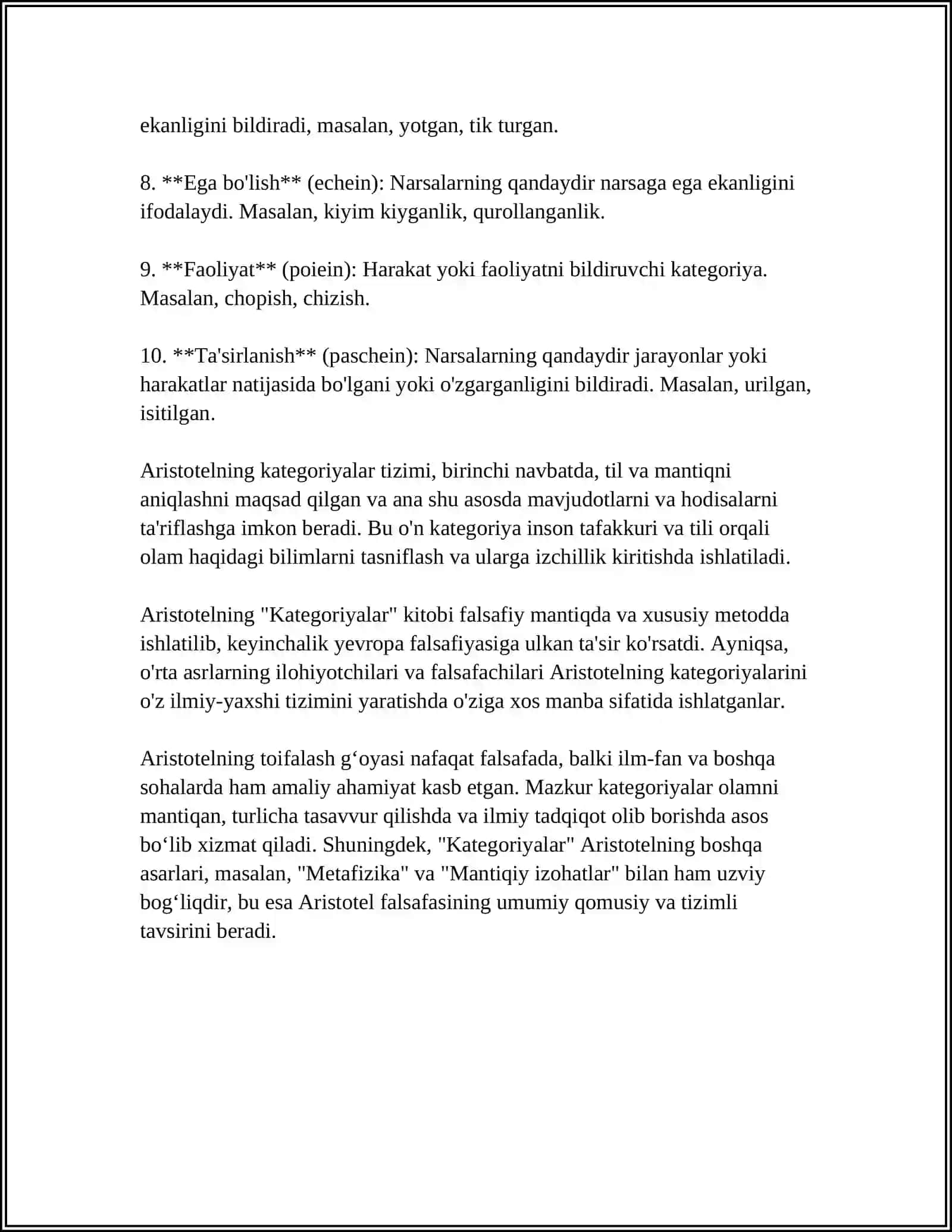ARISTOTEL,FAROBIY VA KANT ONTOLOGIYASIDA KATEGORIYALARNING TASNIFI 4