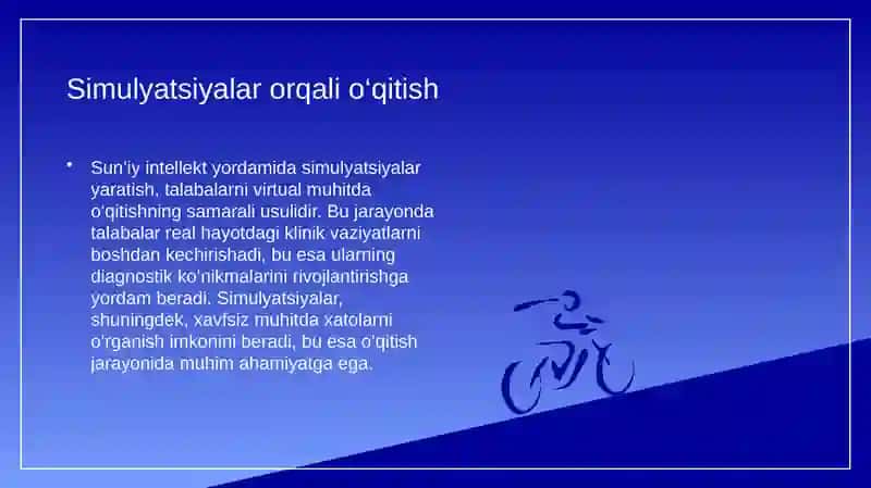 Sun’iy intellekt yordamida ta’lim maqsadlarida talabalarni virtual o‘qitishda simulyatsiyalar yaratish orqali diagnostik ko‘nikmalarni o‘rgatish va klinik qarorlar qabul qilishi 4