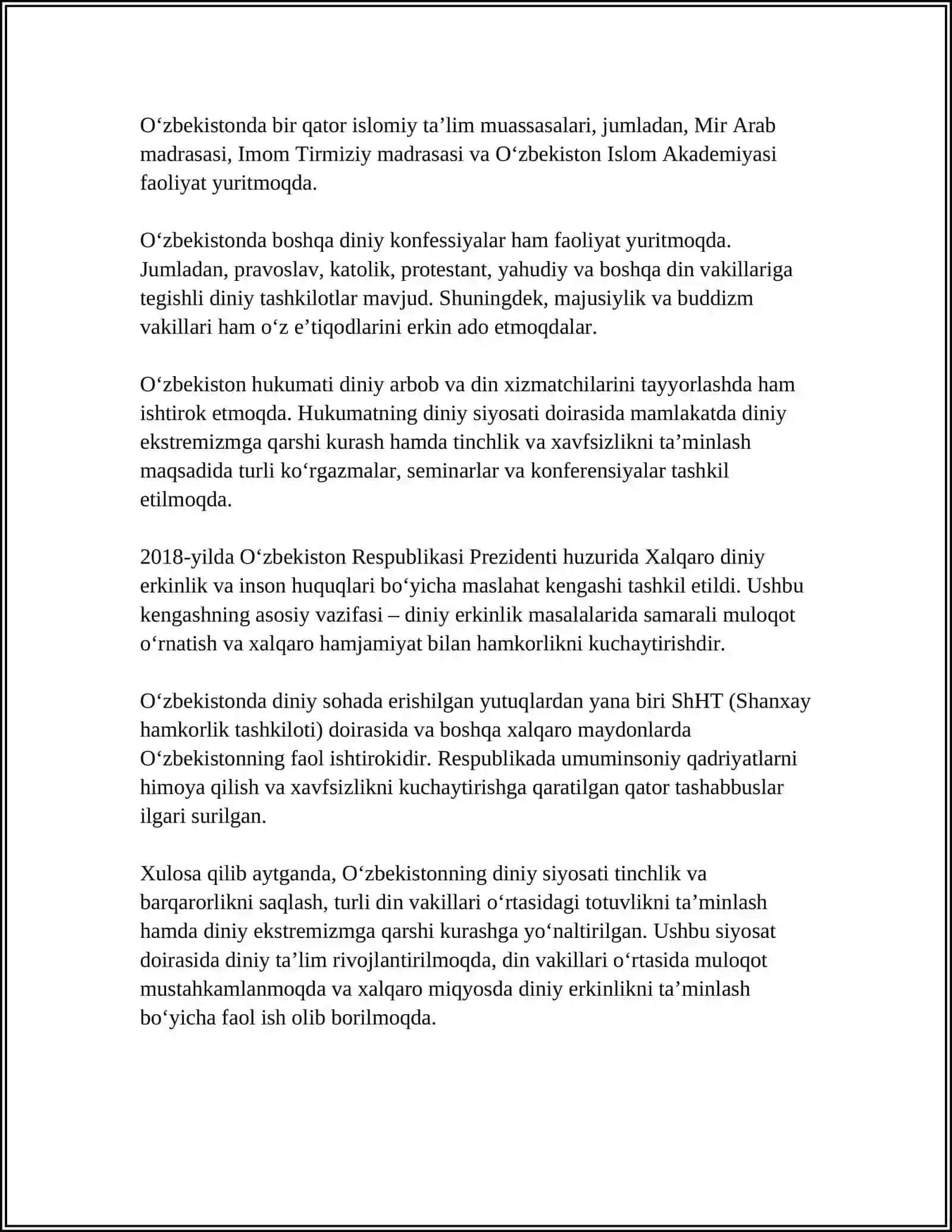 ÒZBEKISTONDA MOLLATLARARO VA DINLARARO TOTUVLIKNI TA'MINLASHDA DAVLAT SIYOSATI 4