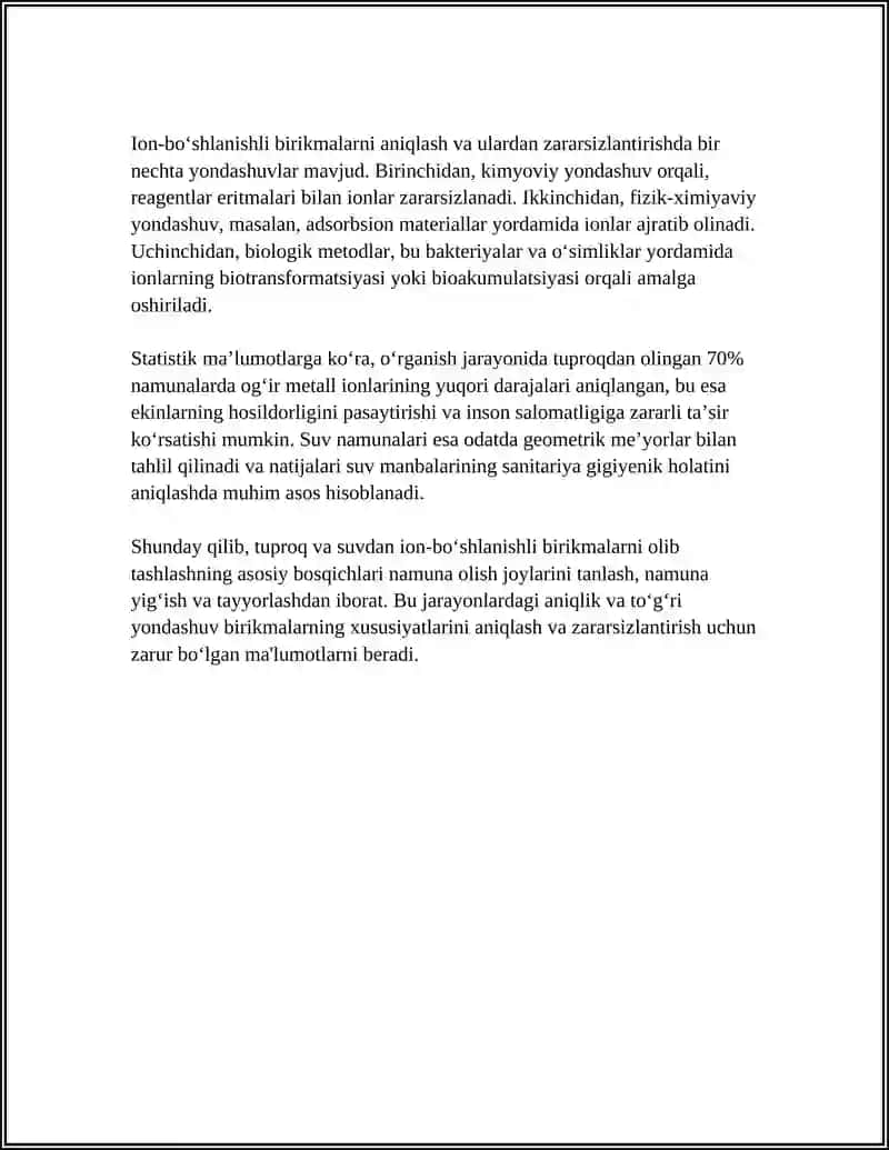 Tuproq va suvdan ion-boʻshlanishli birikmalarni olib tashlash uchun namunalar yigʻish va tayyorlash metodikasi 4