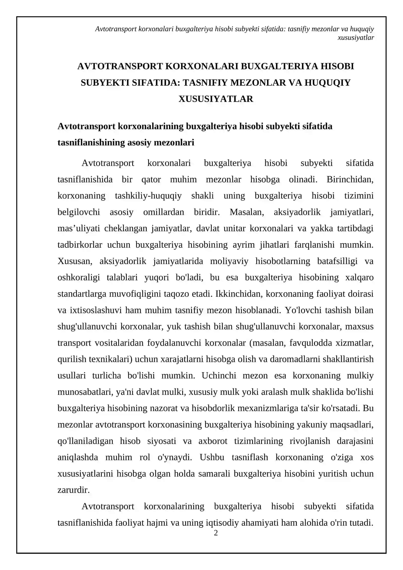 Avtotransport korxonalarining buxgalteriya hisobi subyekti sifatida klassifikatsiyasi va ularning faoliyatini tashkil etish huquqiy asoslari 4