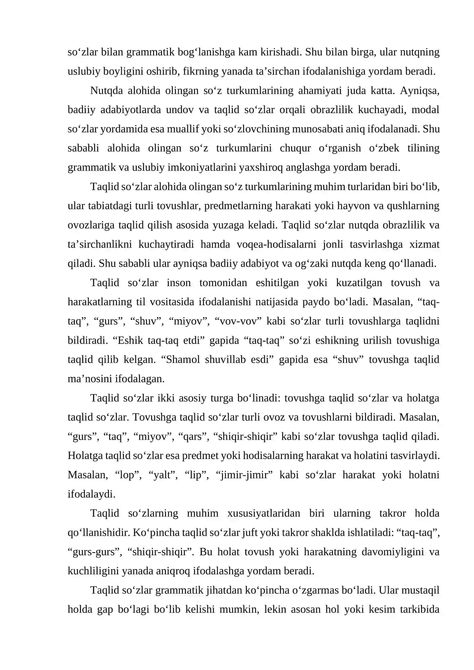 ALOHIDA OLINGAN SO’Z TURKUMLARINING TA’RIFI, TURLARI VA LEKSIK GRAMMATIK XUSUSIYATLARI 4
