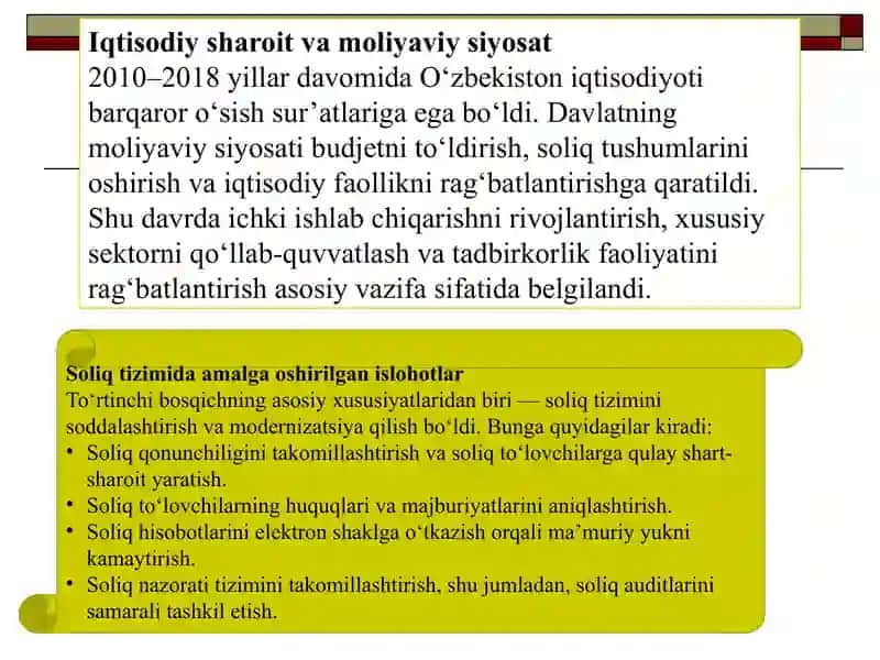 O‘zbekiston Respublikasi soliq tizimi rivojlanishining to‘rtinchi bosqichi (2010–2018 yillar) umumiy xususiyatlari. 4