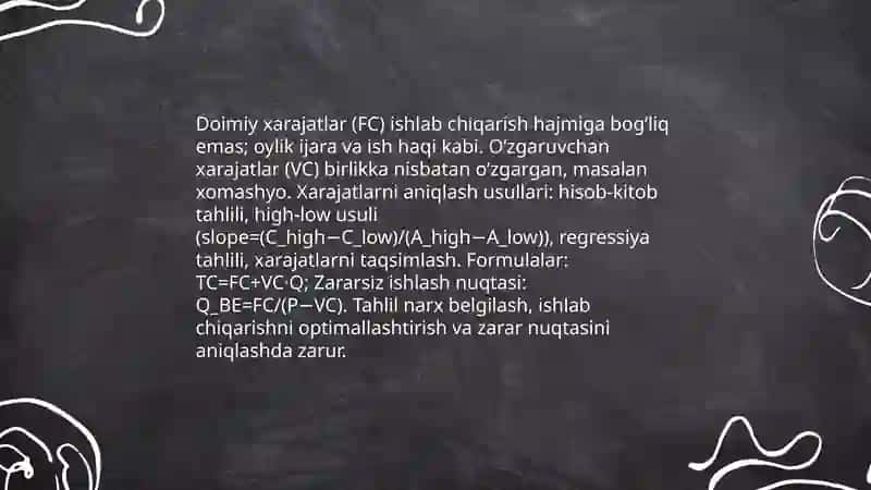 Ishlab chiqarish xarajatlarini minimallashtirish shartlari va korxonaning zararsiz ishlash nuqtasini hisoblash yo’llari 4