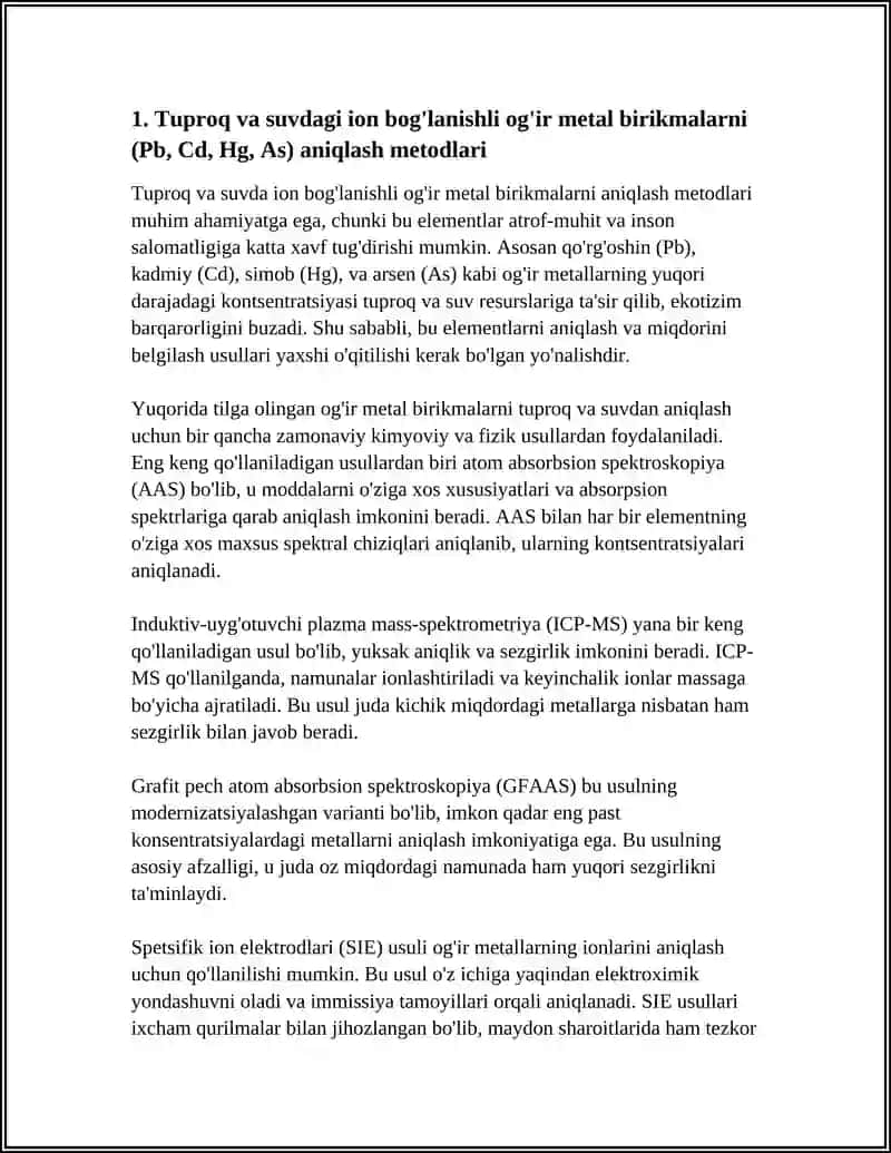 Tuproq va suvning ifloslanishiga ion bo'glanishli birikmalar aniqlab ularni tozalash usulini ishlab chiqish 4
