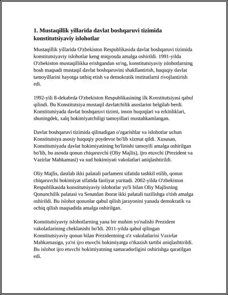 MUSTAQILLIK YILLARIDA DAVLAT BOSHQARUVI TIZIMIDA AMALGA OSHIRILGAN ISLOHOTLAR REFERAT 4