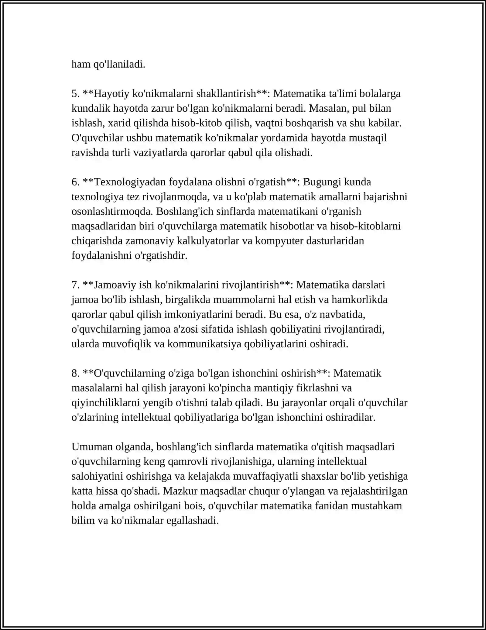 BOSHLANG'ICH SINFDA MATEMATIKADAN SINFDAN TASHQARI ISHLARNI TASHKIL ETISH METODLARI MOHIYATI 4