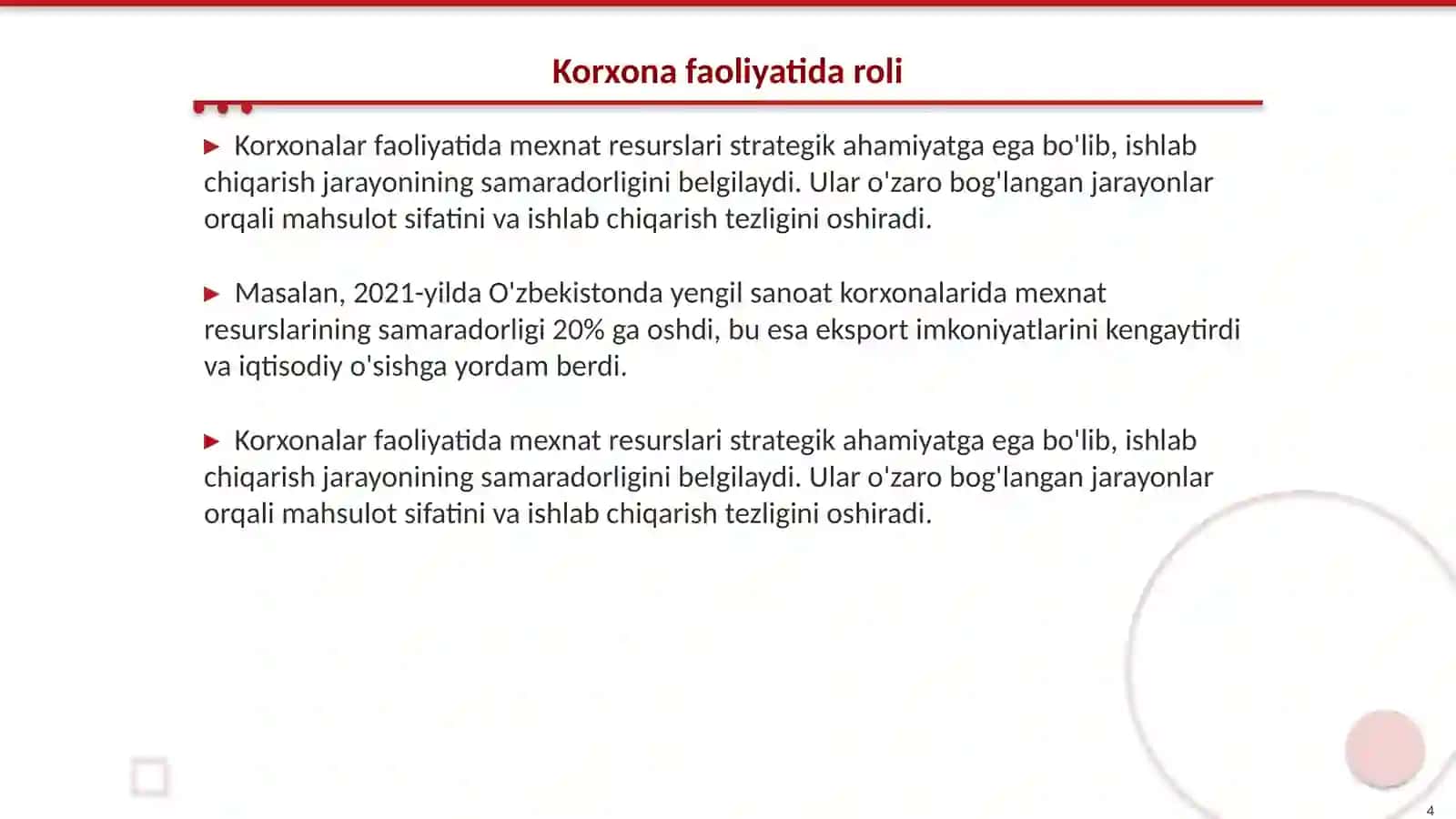 Korxonalarni mexnat resurslari bilan taminlanganlik taxlili 4
