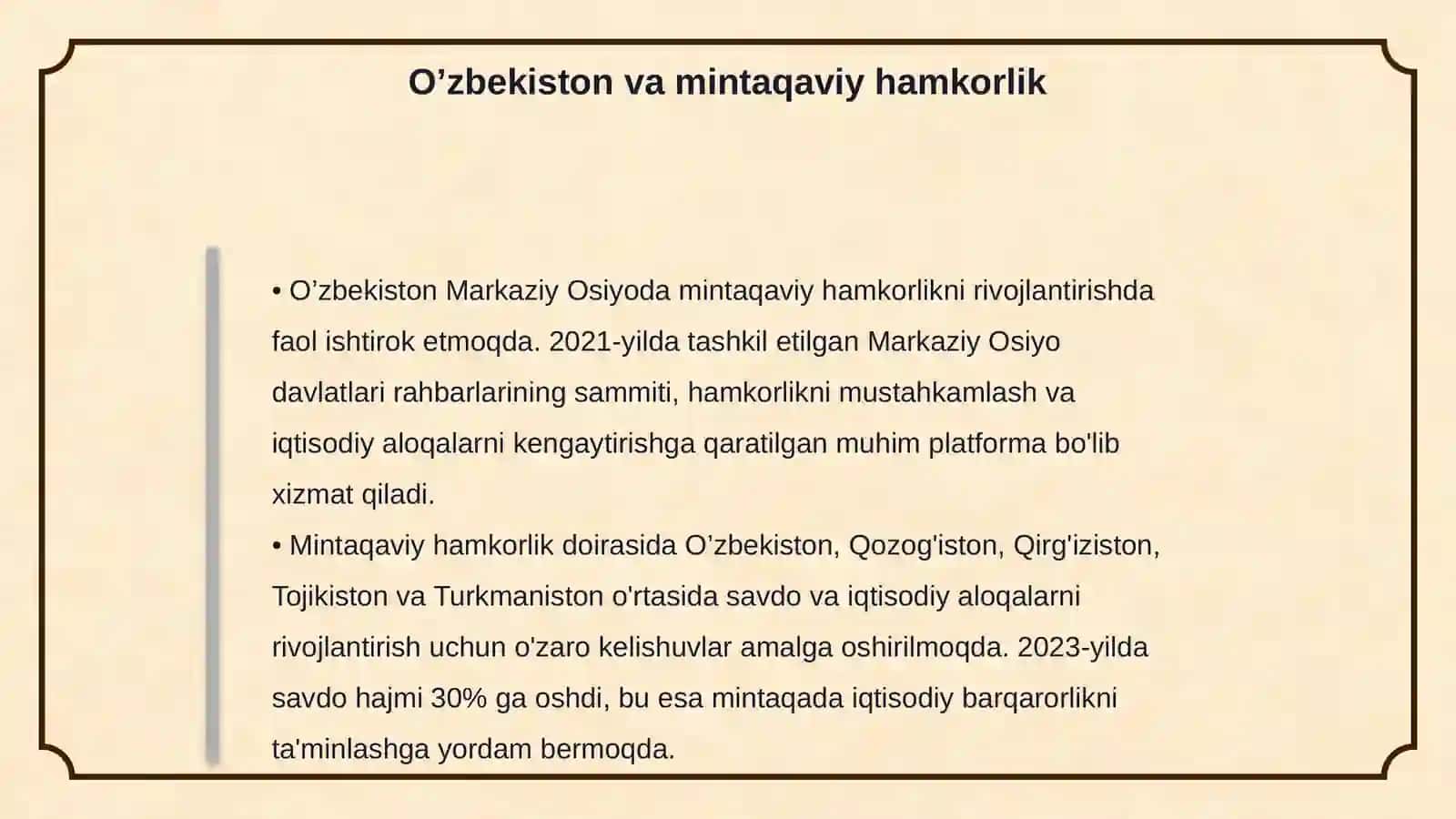 O’zbekistonning Markaziy Osiyoda tinchlik va barqarorlikni ta’minlashdagi o’rni 4