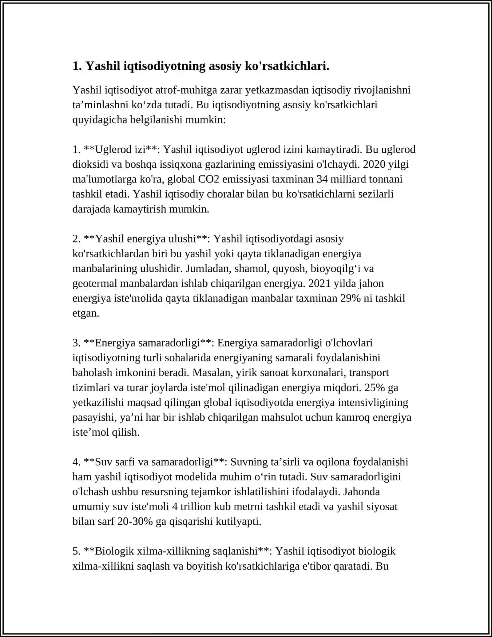 “YASHIL IQTISODIYOT”NI TAVSIFLOVCHI KO’RSATKICHLAR TIZMINI ANIQLASH BO’YICHA YONDASHUVLAR 4