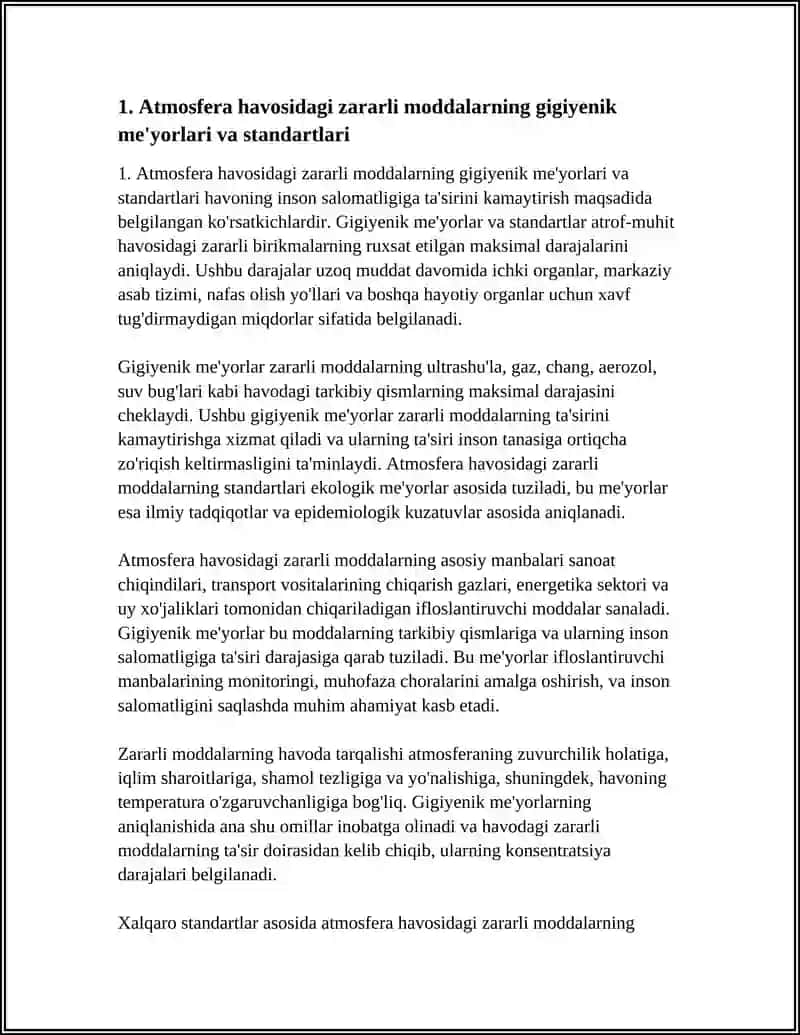 ATMOSFERA HAVOSI,SUV,TUPROQNING NOMUVOFUQ OMILLARINI GIGIYENIK REGLAMINTLASHGA BULGAN UMUMIY YONDASHISHLAR 4