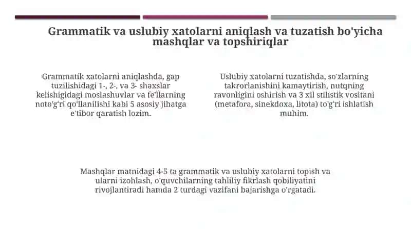 Madaniy nutqning grammatik va uslubiy me'yorlari bo'yicha mashq va topshiriqlar tayyorlash 4