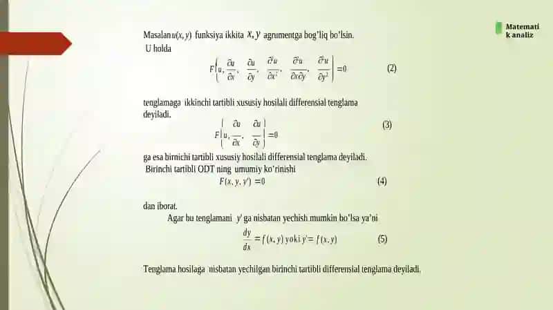 Differensial tenglamalar haqida tushuncha. Oddiy differensial tenglamalar orqali ifodalanuvchi ayrim fizik va geometrik masalalar 4