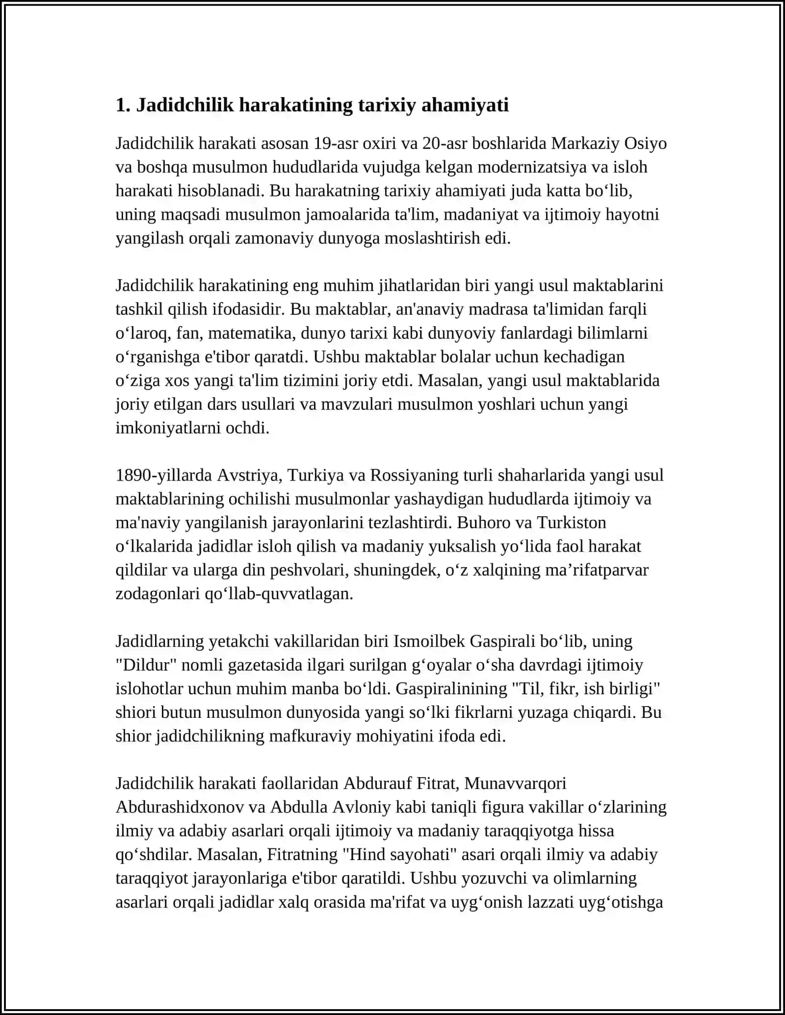 O’zbekistonning Eng Yangi Tarixi Fanidan Mustaqil Ish: Jadid Ma’rifatparvarlarining O‘lka Ijtimoiy-Manaviy Hayotida Tutgan O‘rni (Munavvar Qori, Fitrari, Behbudiy, Avloniy va Boshq.) 4