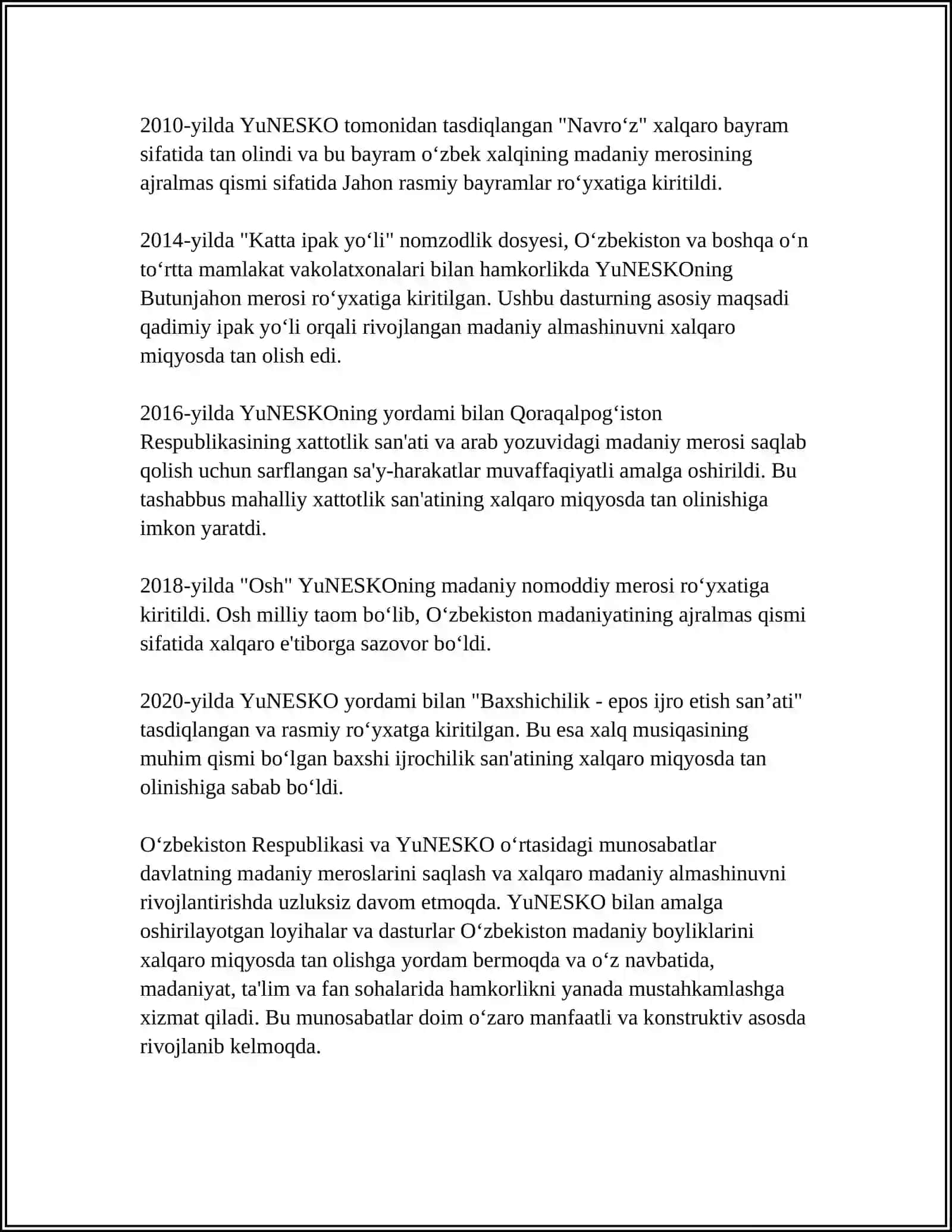 O‘zbekiston Respublikasining YUNESKO Tashkiloti Bilan Hamkorlik Aloqalari Haqida Ma’lumot Bering 4