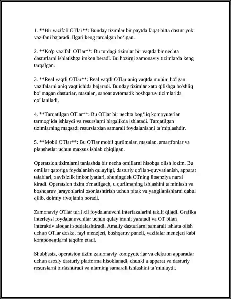 UMUMIY OPERATSION TIZIMLAR. OPERATSION TIZIMLARNI TANLASH VA OʻRNATISH. OPERATSION TIZIMLARNING IMKONIYATLARI 4