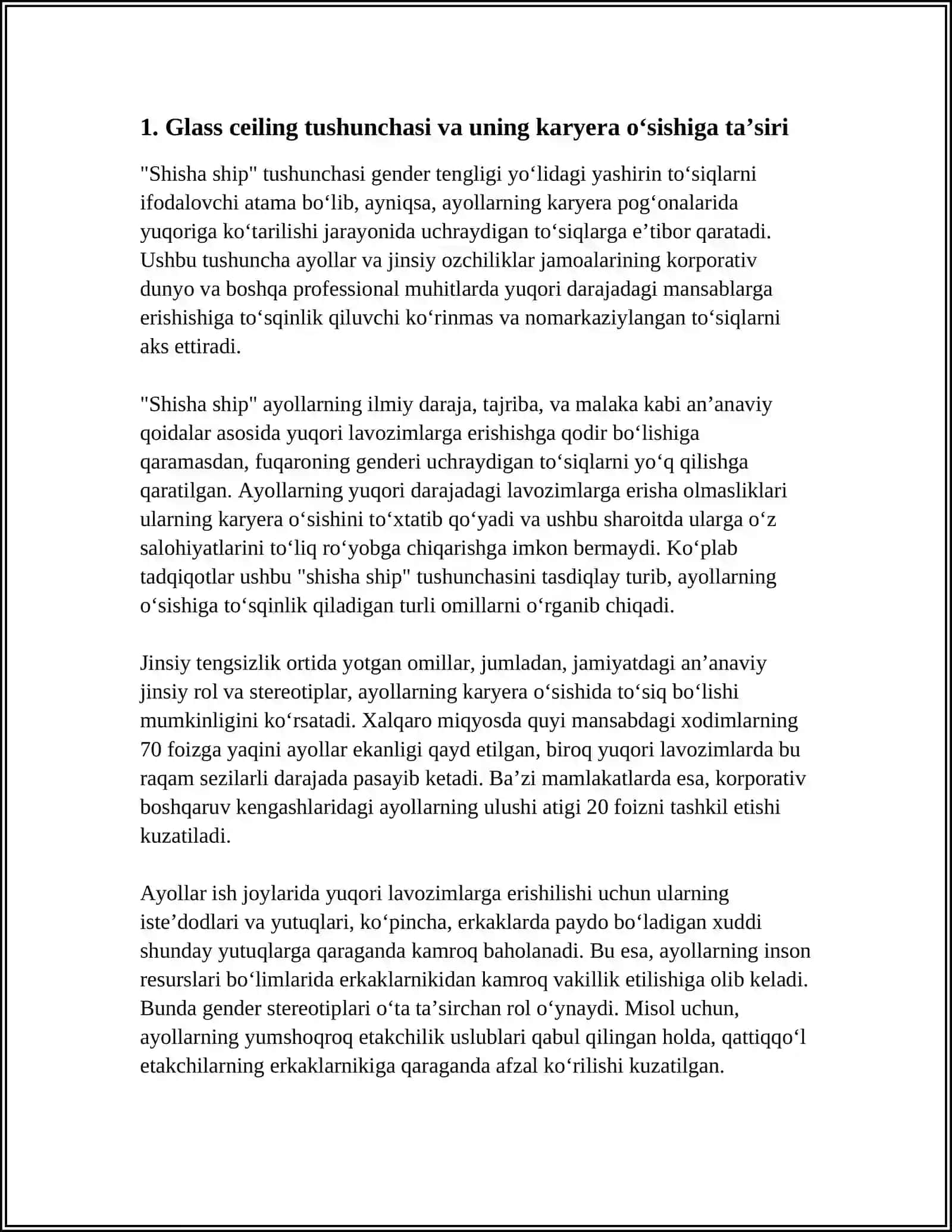 GENDER TENGLIGI YO‘LIDAGI YASHIRIN TO‘SIQLAR (GLASS CEILING) KARYERA O‘SISHIDA QANDAY NAMOYON BO‘LADI 4