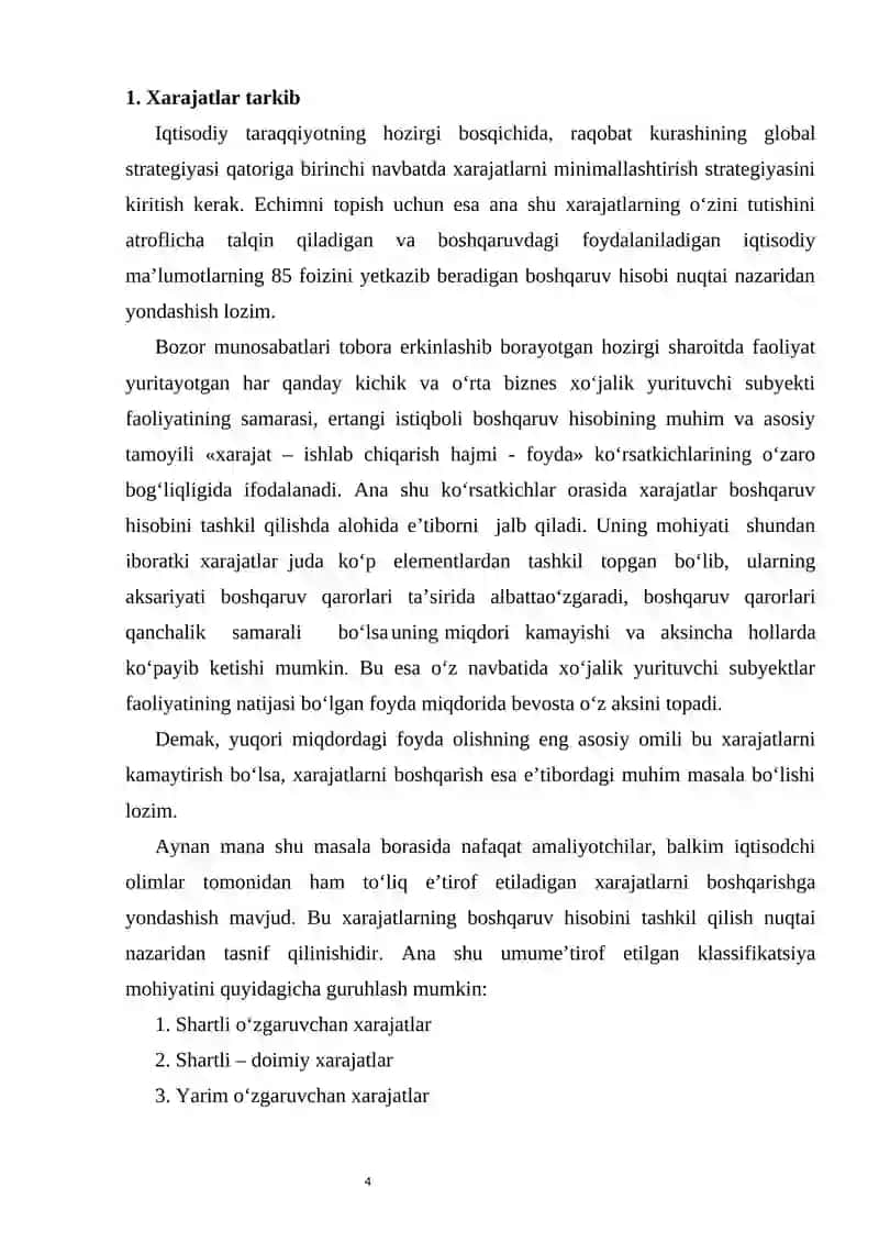 Xarajatlar haqida tushuncha va ularning turli xil belgilarga qarab turkumlanishi 4