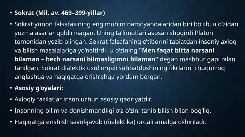 Qadimgi falsafasi - Yunon falsafasi (Sokrat, Platon, Aristotel) 4