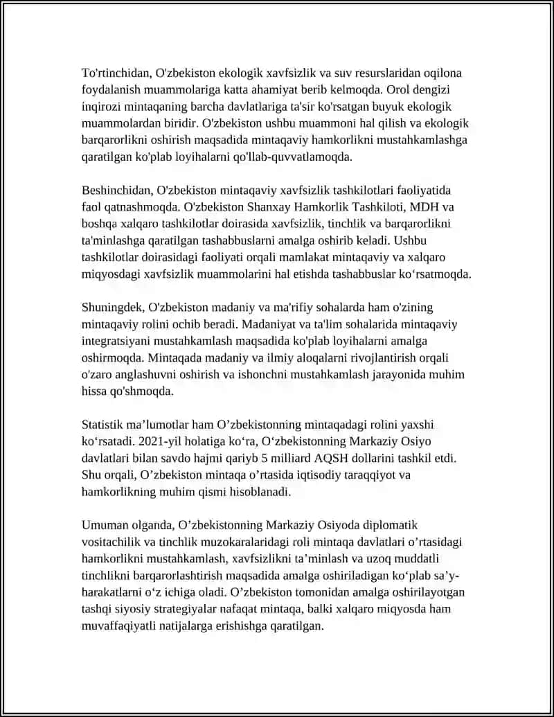 O'ZBEKISTONNING MARKAZIY OSIYODA TINCHLIK VA BARQARORLIKNI TA'MINLASHDAGI O'RNI 4