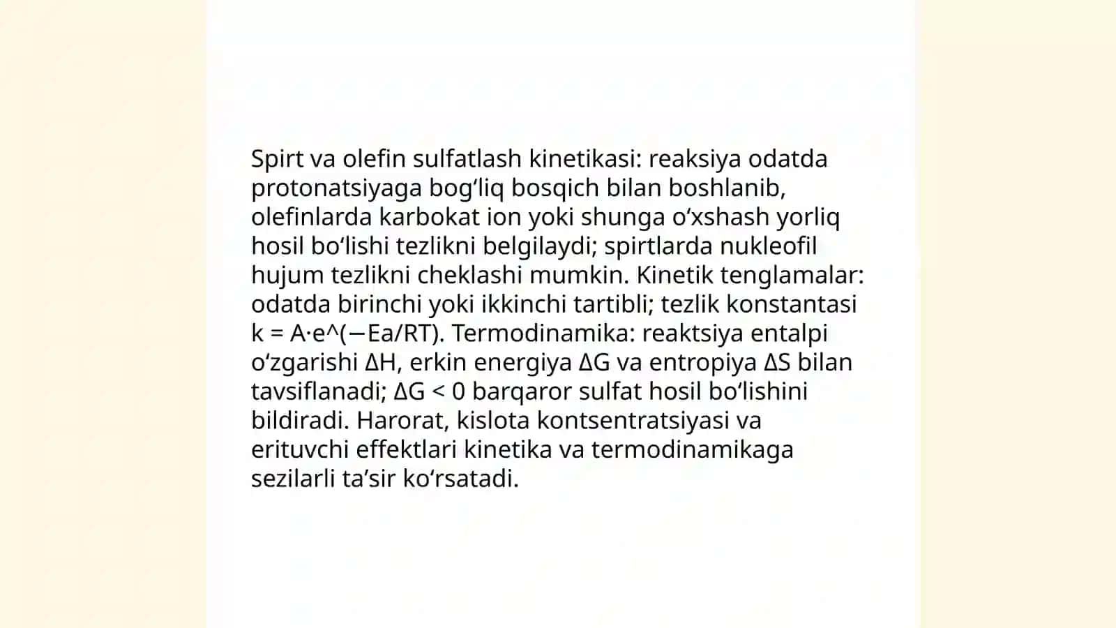 Spirt va Olefinlarni sulfatlash jarayonlarni tahlil qilish 4