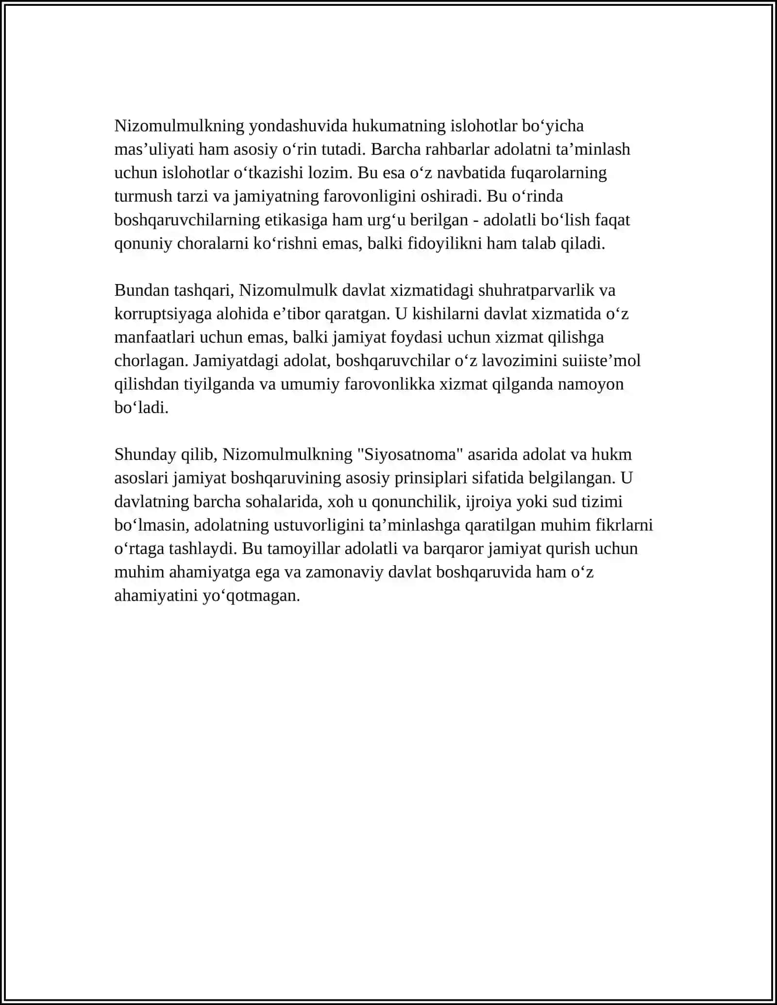 Nizomulmulkning “Siyosatnoma”ga ko‘ra adolat va hukm asoslari 4