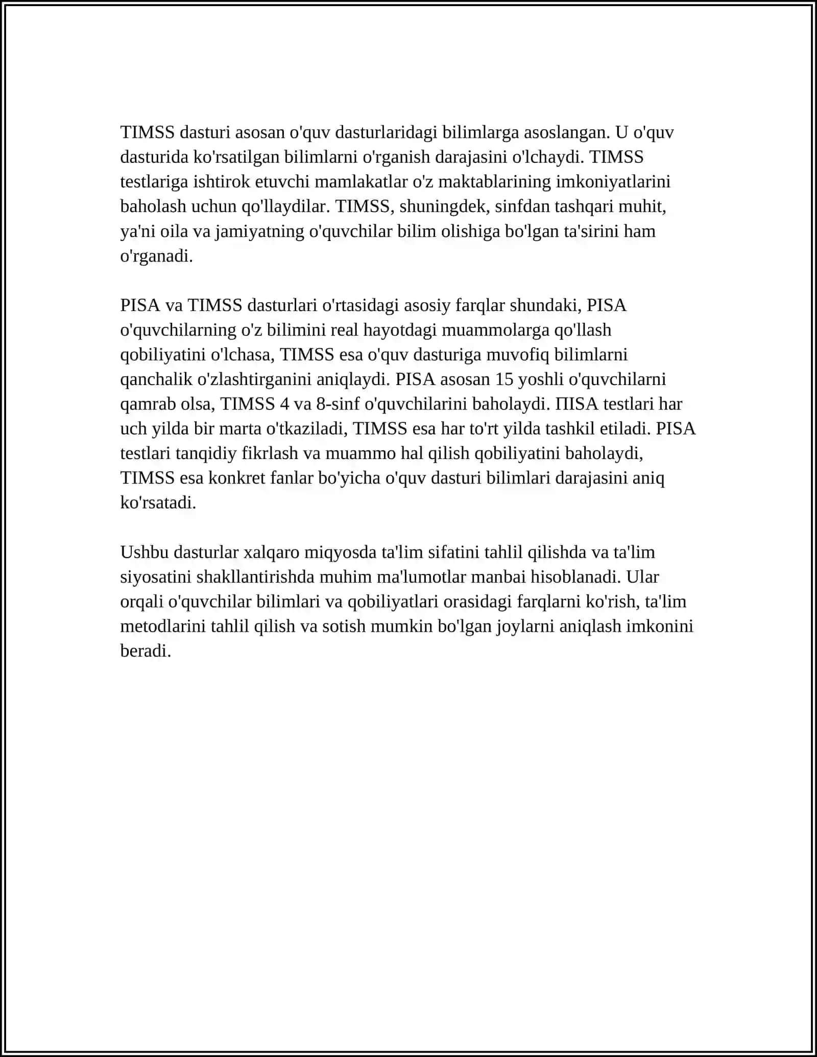 PISA VA TIMSS XALQARO BAHOLASH DASTURI ASOSIDA TEST TOPSHIRIQLARINI TUZISH VA ULARNI QIYOSIY TAHLIL ETISH 4