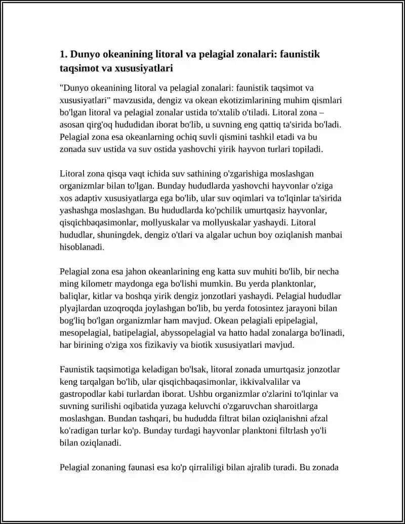 Dunyo okeanining litoral va pelagial faunistik oblastlari hayvonlari va ularning o'ziga xos xususiyatlari 4