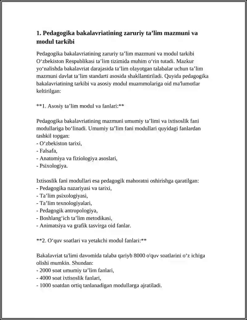 PEDAGOGIKA BAKALAVRIANT TALIM YONALISHINING ZARURIY MAZMUNI VA BAKALAVRNING TAYYORGARLIK DARAJASIGA QOYILADIGAN TALABLAR 4