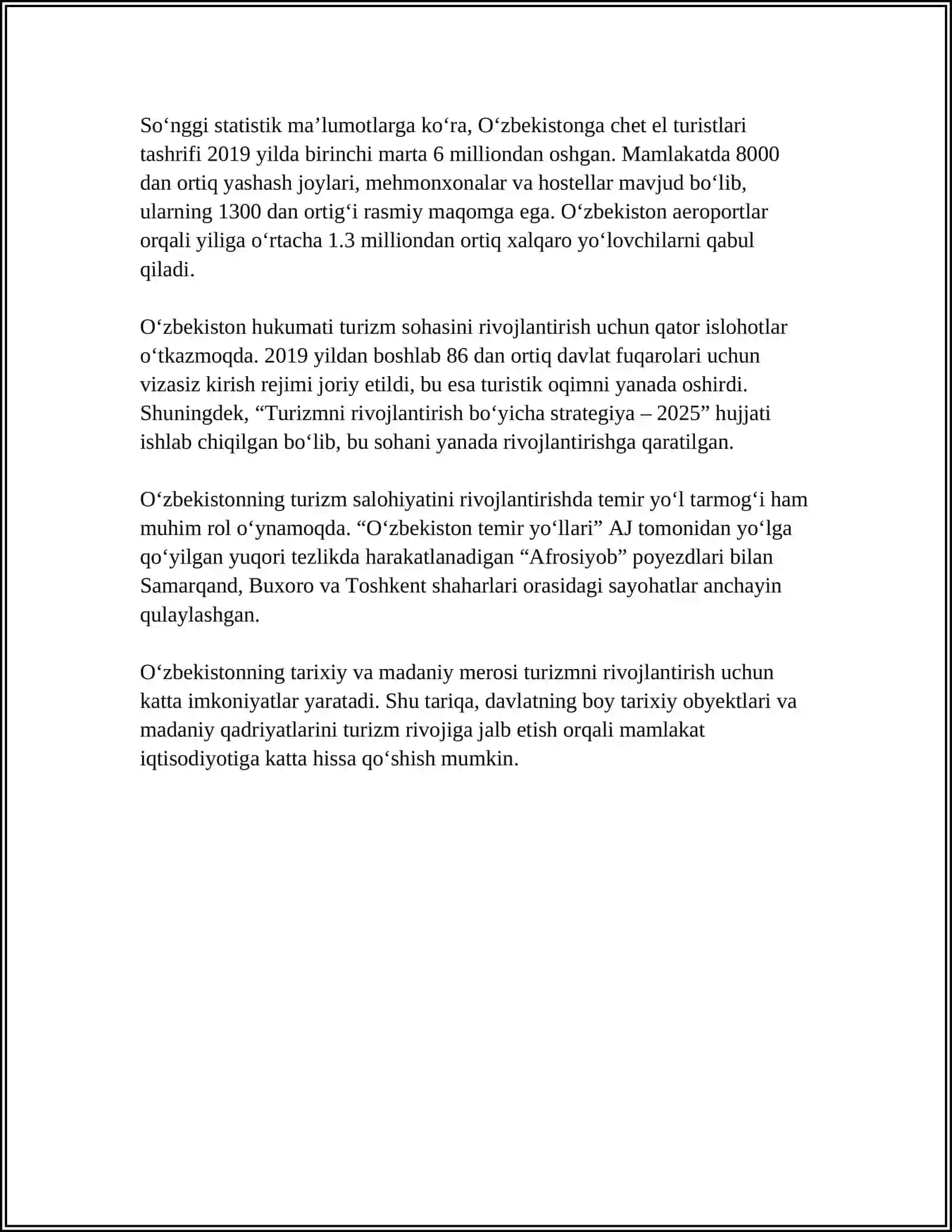 OʻZBEKISTON RESPUBLIKASIDA TURIZM SOHASINING RIVOJLANISHI 4