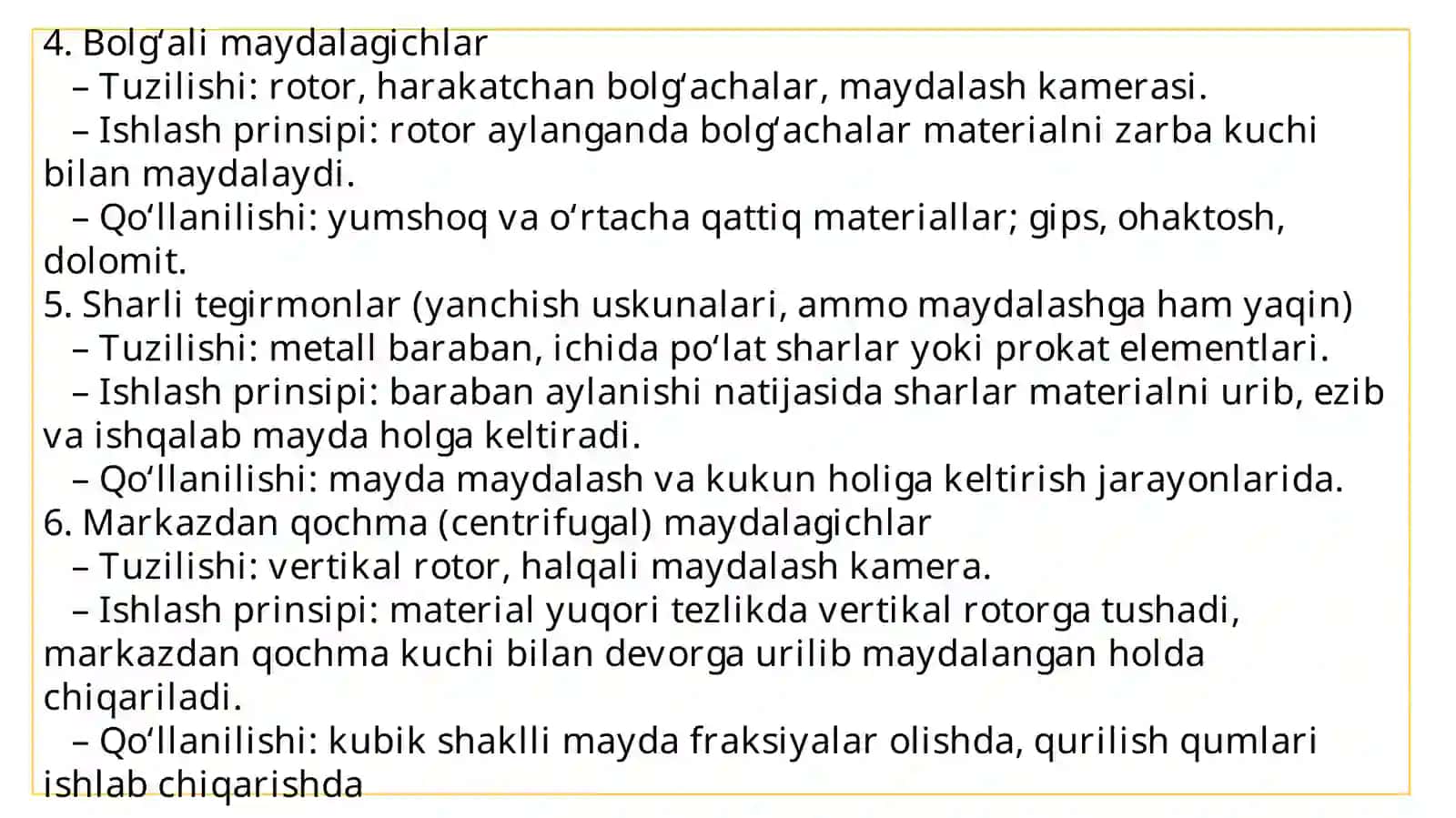 Maydalash va saralash jarayonlarining loyihadagi o‘rni 4