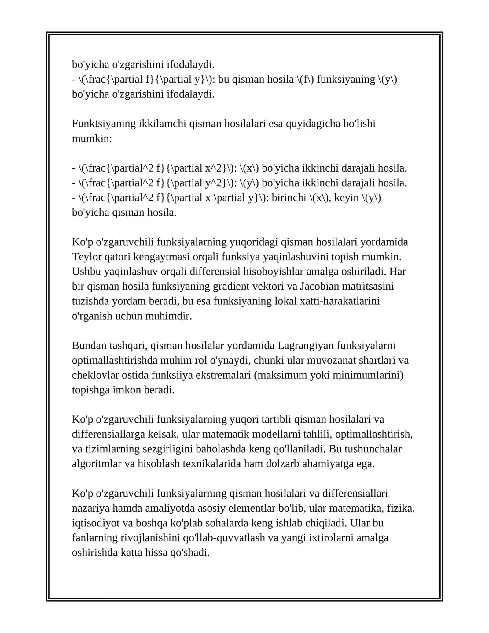 KO'P O'ZGARUVCHILI FUIKSIYANING YUQORI TARTIBLI HOSILA VA DIFFERENSIALLARINI TOPISH 4