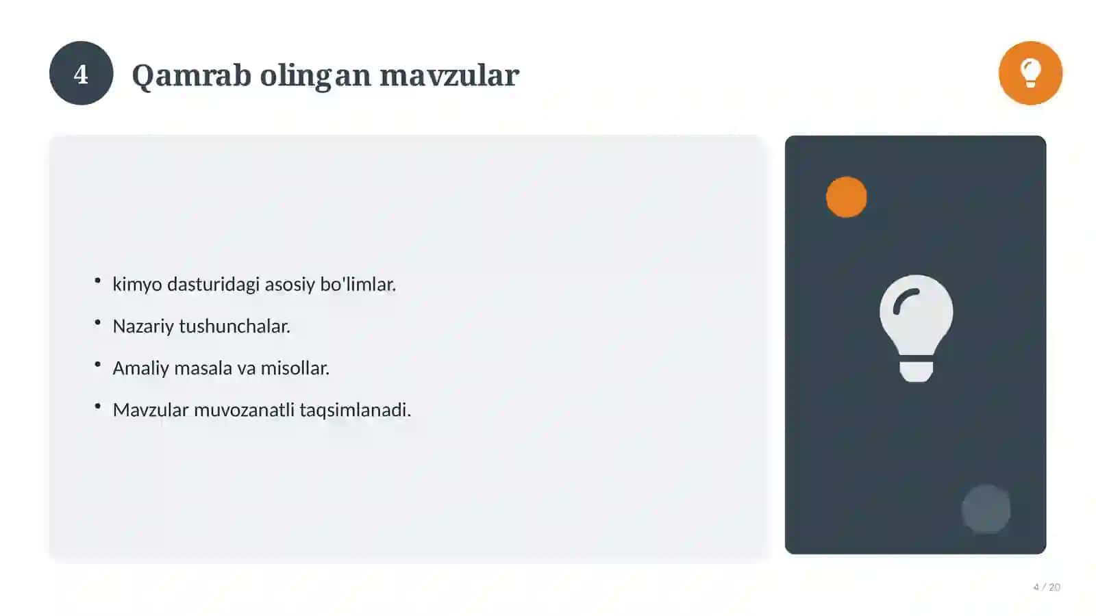 Kimyo fanidan 9-sinf: test savollari to'plami 4