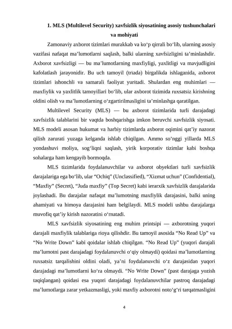 MLS siyosatiga asoslangan maxfiylik va yaxlitlikni ta’minlovchi xavfsizlik modeli. 4