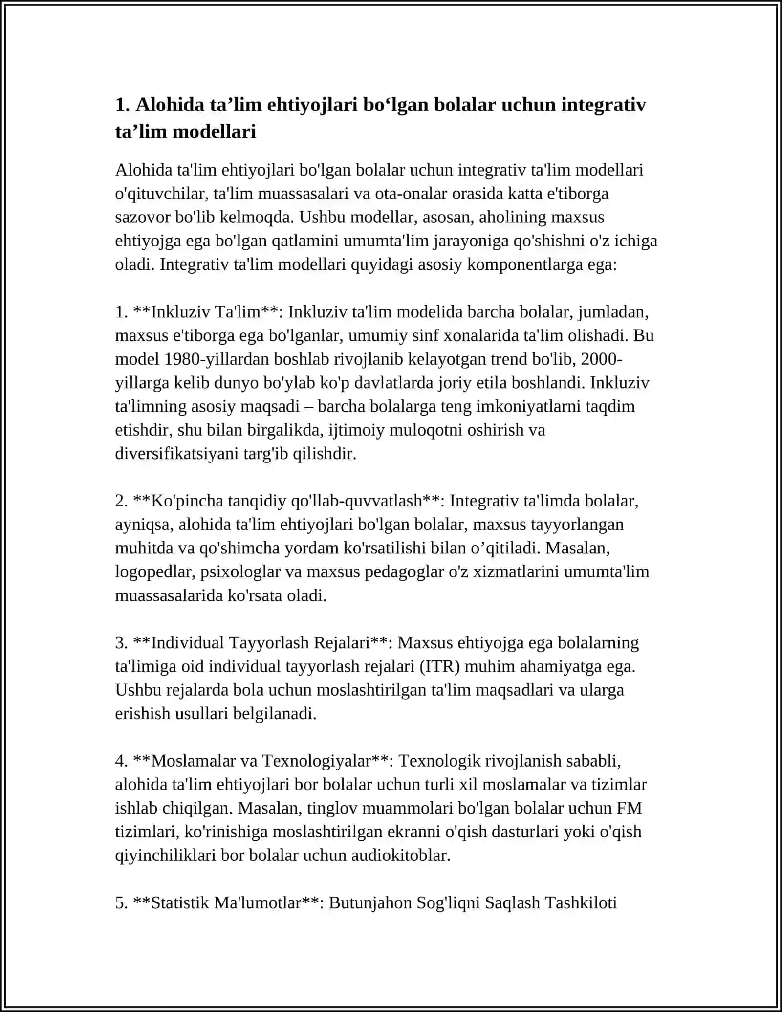 ALOHIDA TAʼLIM EHTIYOJLARI BOʻLGAN BOLALARDA RIVOJLANISHIDAGI NUQSONINING CHUQURLIGI VA TUZALISHIGA QARAB MKLYUZIYA MODELLARINI TANLASH 4