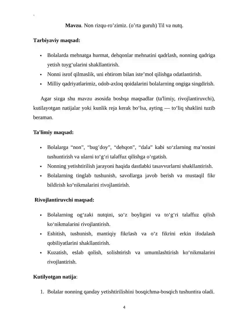 Non rizqu-ro’zimiz. (o’rta guruh) Til va nutq. 4