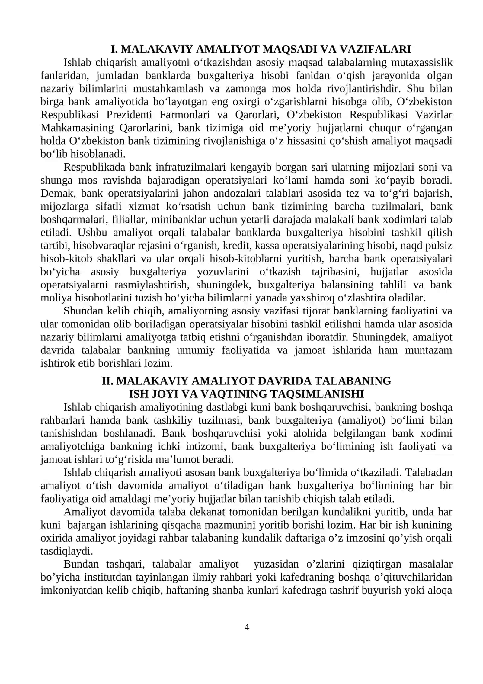 "Bank ishi va auditi" ta’lim yo‘nalishi bo‘yicha malakaviy amaliyotni TASHKIL ETISH BO`YICHA USLUBIY QO`LLANMA (ISHLAB CHIQARISH) 4