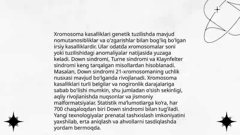 Irsiy kasalliklar: xromasoma, genom va gen kasalliklari. Nikox tiplari. Tibbiy- genetik maslahat 4